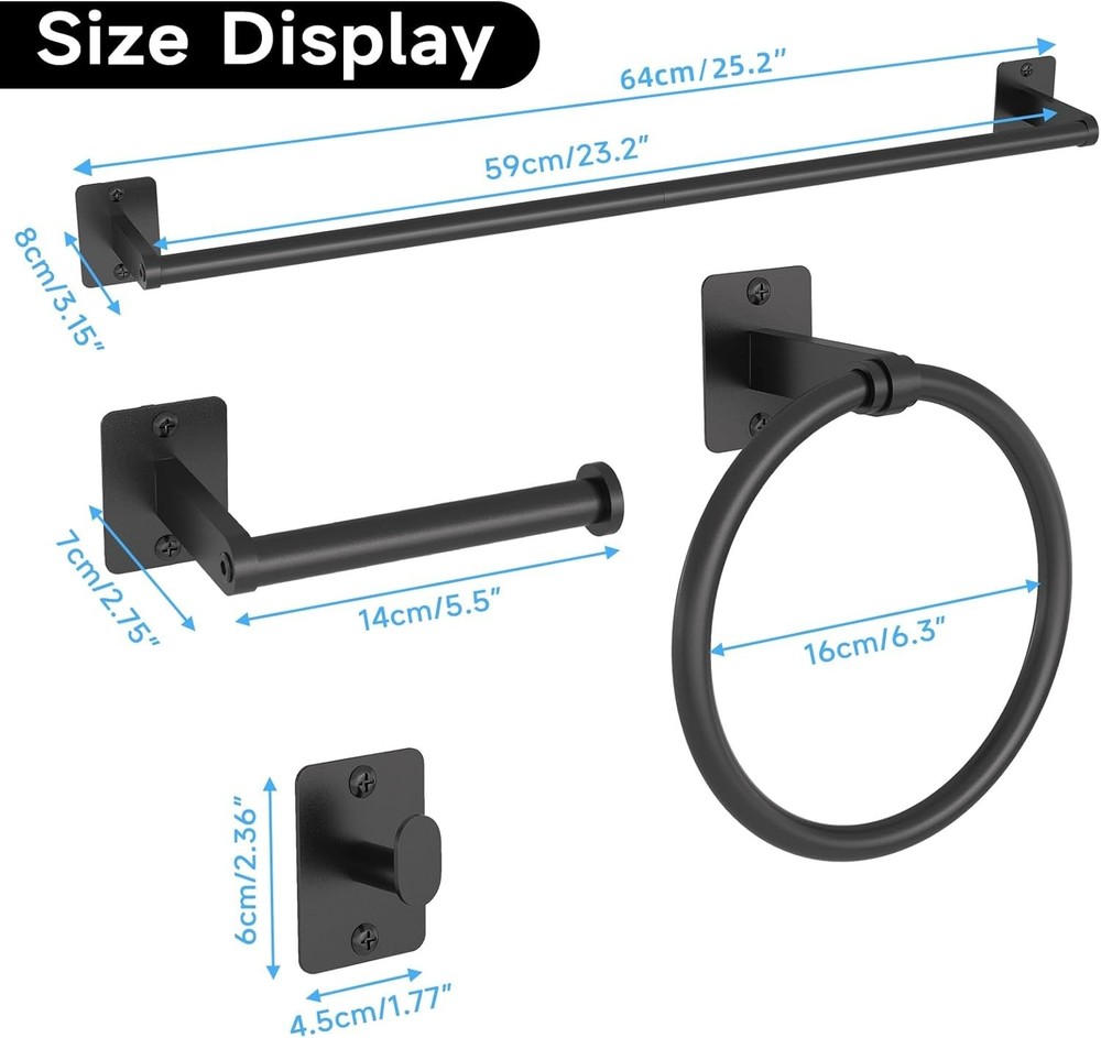 Durable Matte Black Bathroom Hardware Set - 4 Essential Pieces Included