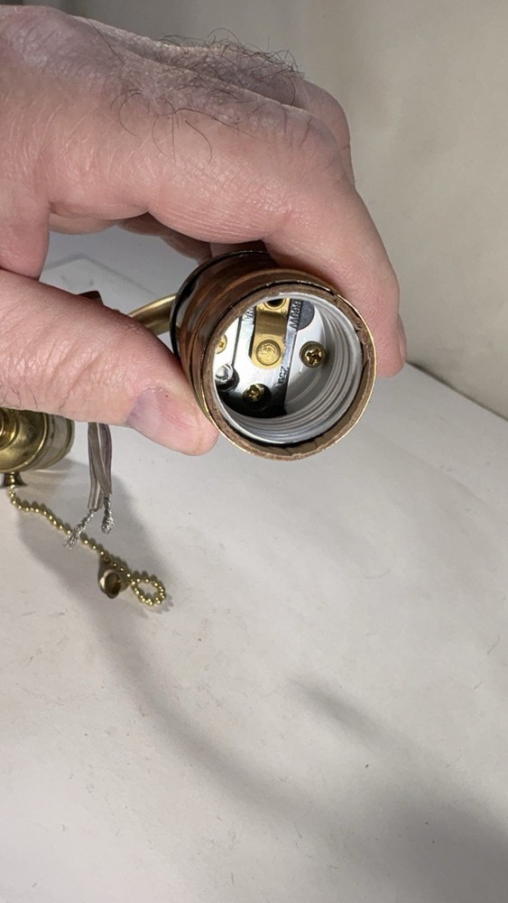 Vintage two light brass bulb pull chain lamp cluster wired K