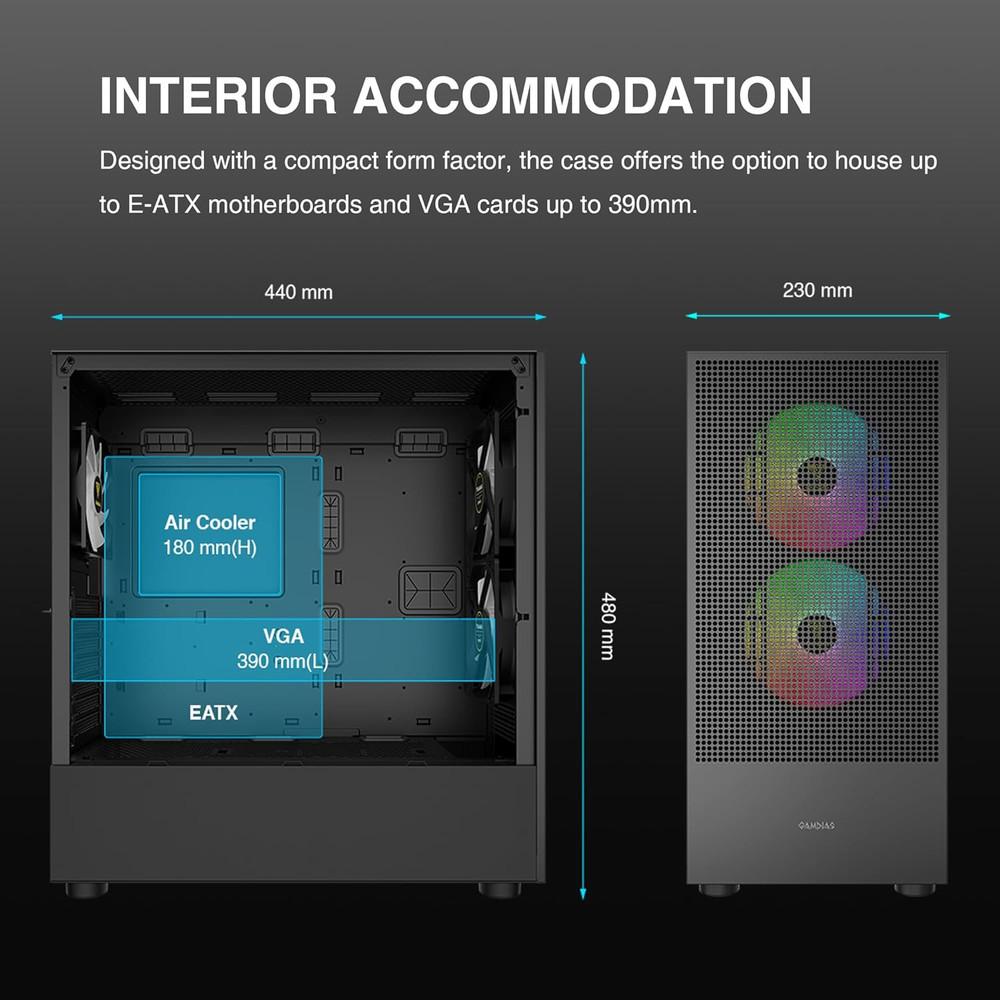 E-ATX Mid Tower Gaming Computer Case, Tempered Glass PC Case, USB Type-C, Built-