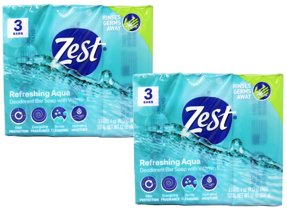 Zest Refreshing Aqua Deodorant Bar Soap with Vitamin E, 3 Bars 4 OZ Each 2 Pack