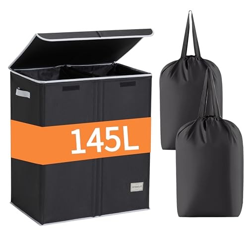 Dual Laundry Hamper with Lid and 2 Removable Liners 145L Black，Light Grey