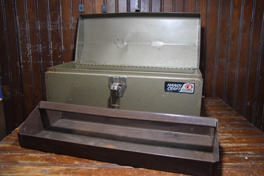 ATKINSON PAINTED METAL EMPTY TOOL BOX TRAY VINTAGE 1960s WORKSHOP 7" x 8" x 16"
