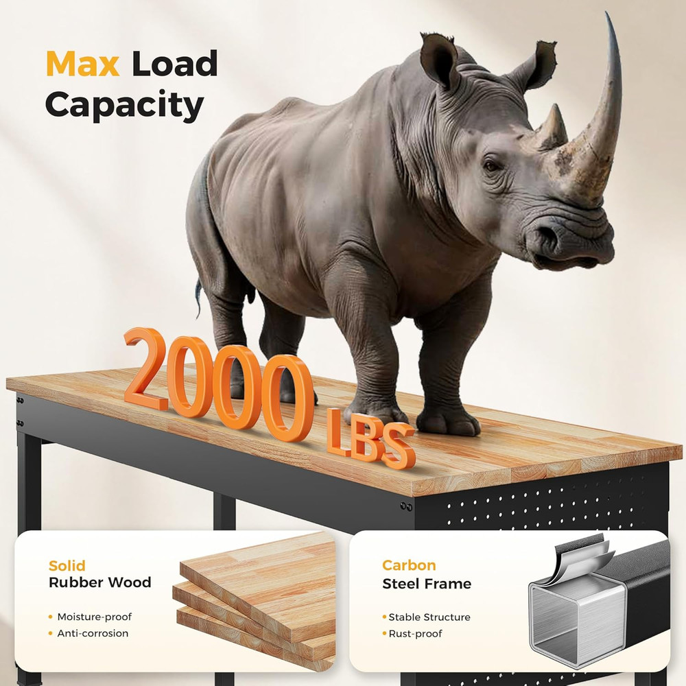 60" Adjustable Heavy Duty Workbench, 2000 LBS Load Capacity Rubber Wood Work Tab