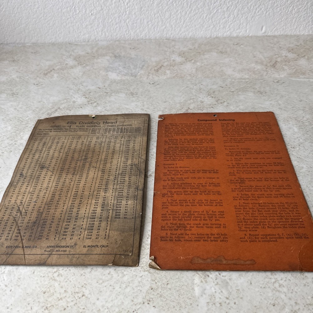 Dividing Head Plain Indexing And Compound Indexing Charts