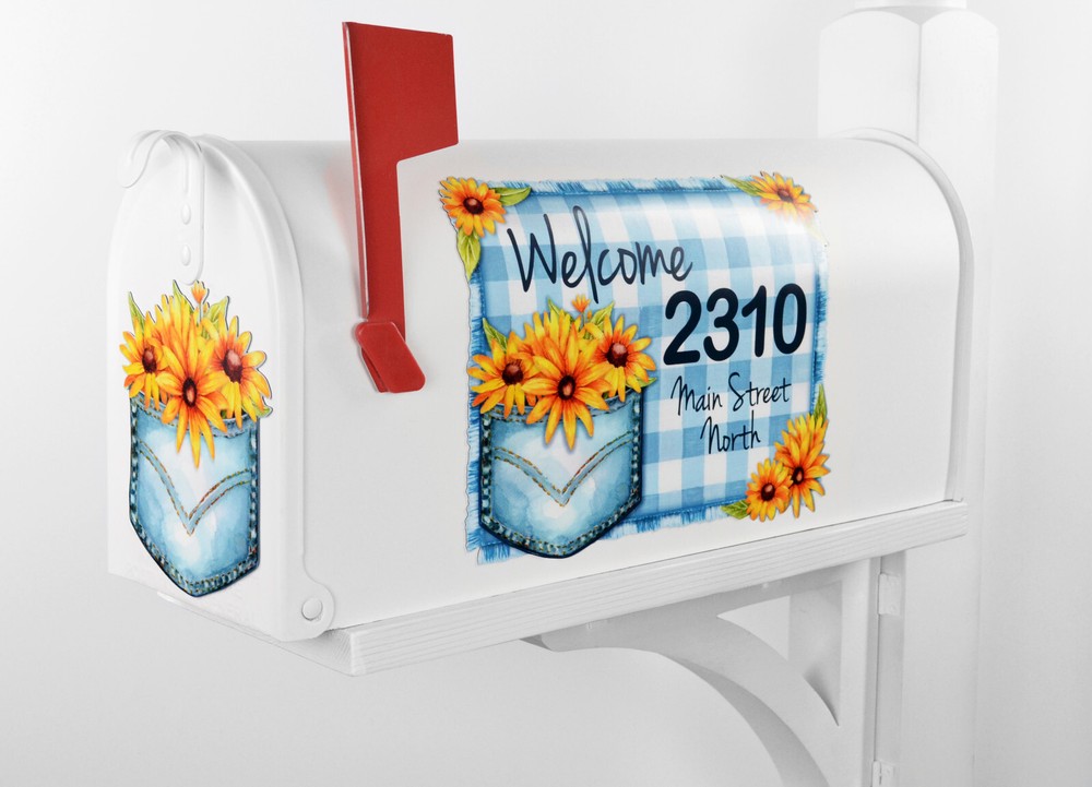 Mailbox Magnet Partial Cover Blue White Gingham Check Frayed Personalized