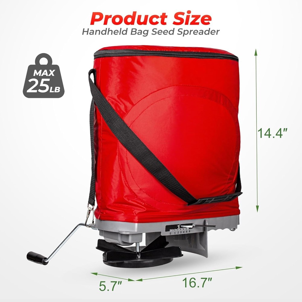 Handheld Seed Spreader with 25lb Bag, Frame Support, Flow Control, Enclosed G...