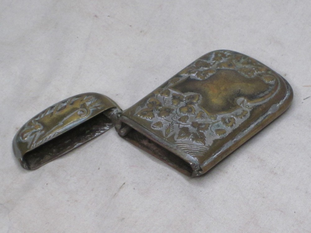 antique ornate brass match case small hinged decorated vesta compact container