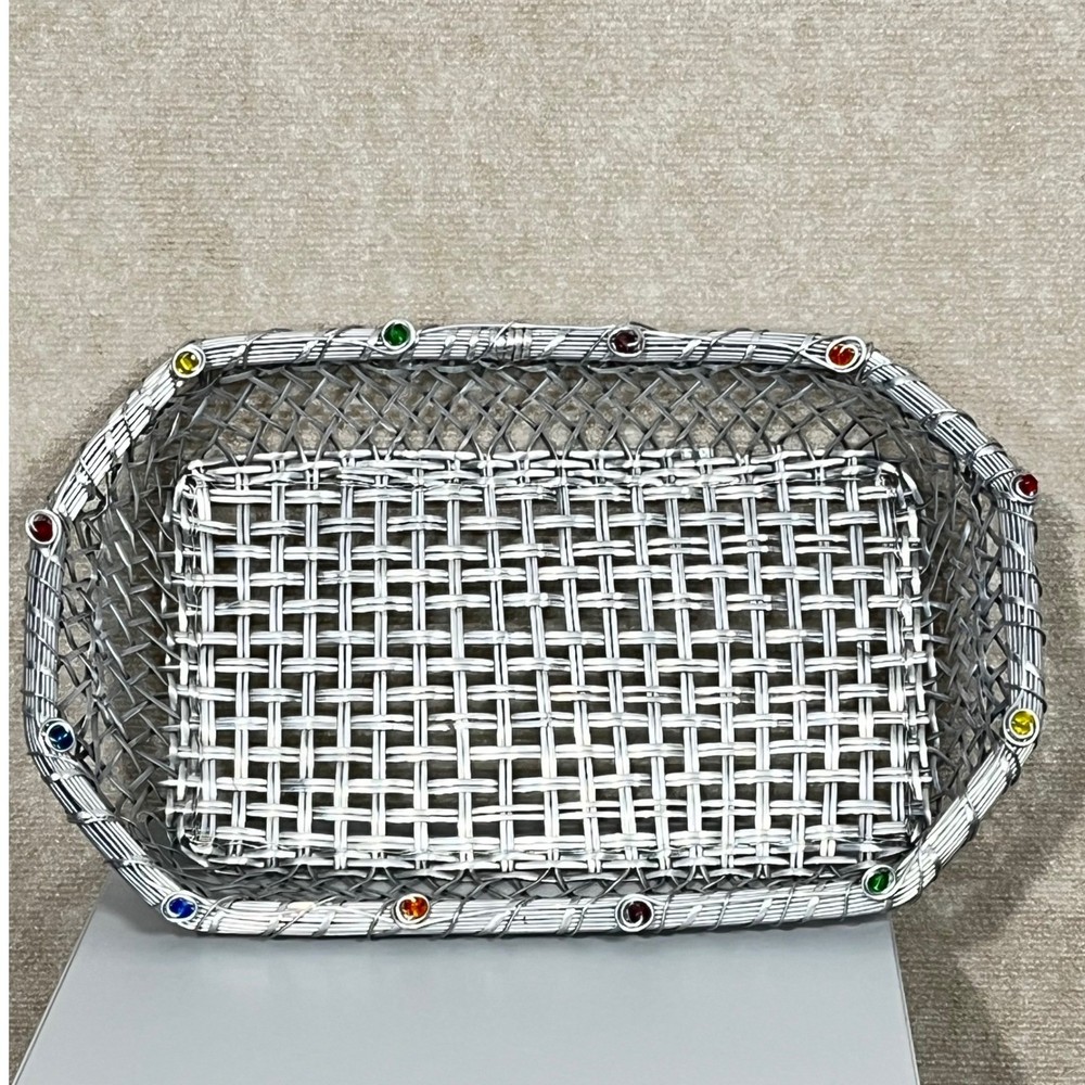 Dary Rees Silver Woven Wire Basket with Colorful Jewels Rectangular