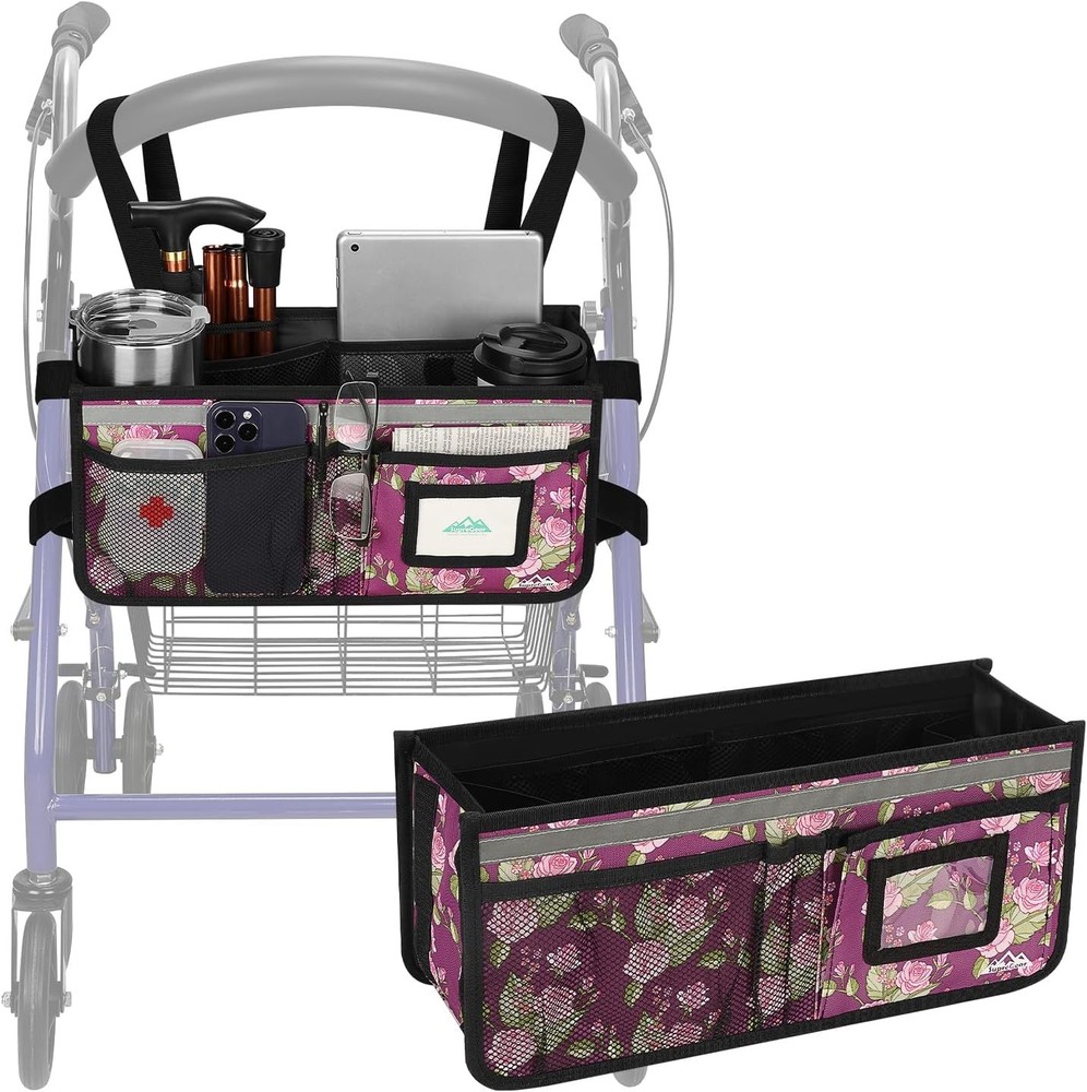 Rollator Basket, Rollator Walker Bag w/Cup Holder, Foldable Rolling Walker Wa...