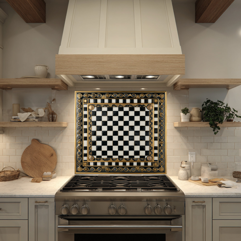 Ottoman Pattern on Marble Print Background Glass Backsplash for Kitchen Stove