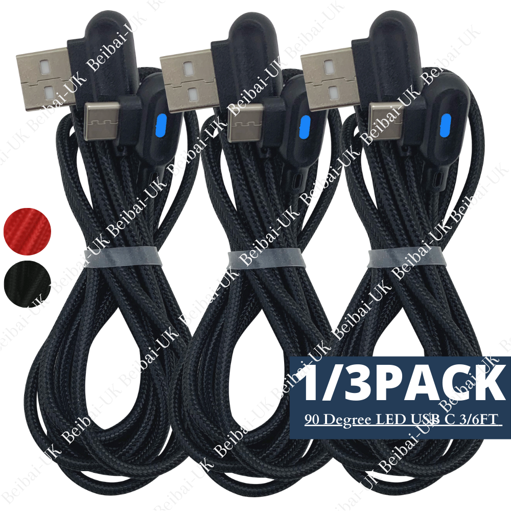 3Pack 3/6Ft Type USB-C Fast Charge Cable 90 Degree For Samsung Android Data Cord