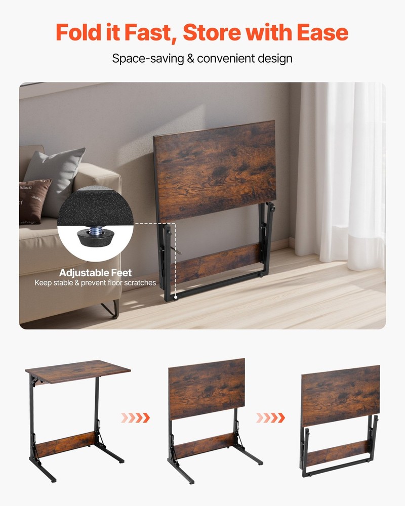C Table, Folding C Shaped End Table with Metal Frame & Adjustable Feet, Foldable