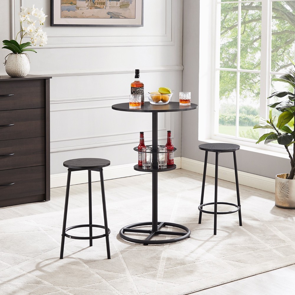 3 Piece Bar Table +2 Stools Set Round Wine Rack Table Outdoor Dining Kitchen Pub