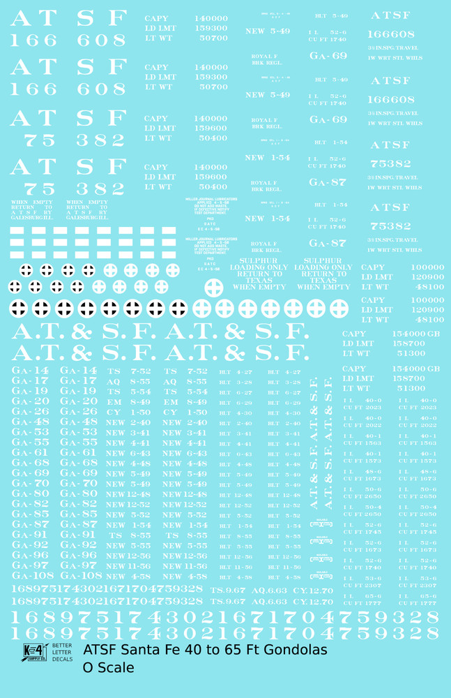 K4 O Scale Decals Santa Fe Gondola White