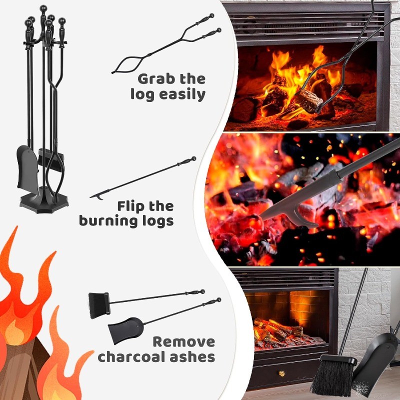 5 Pieces 31In Fireplace Tools Set, Wrought Iron Fireplace Tools Ergonomic Handle