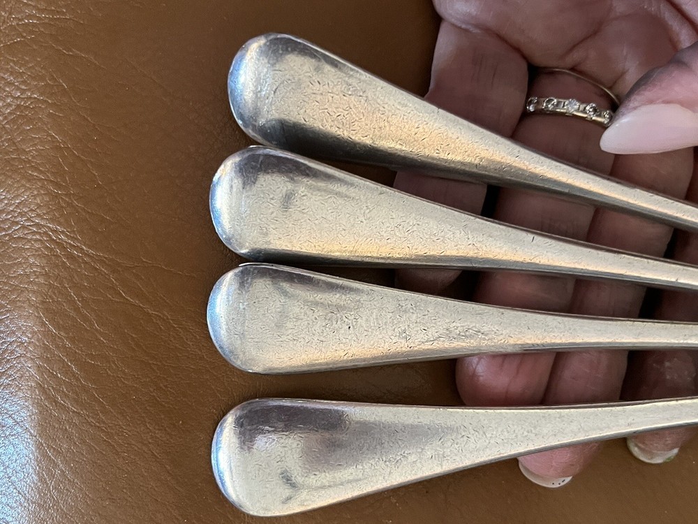 4 Meader antique silver plated 8 1/8” Tablespoons, English pattern