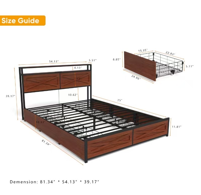 Full Bed Frame with 6 Storage Drawers,Storage Headboard with Charging Statio Bed