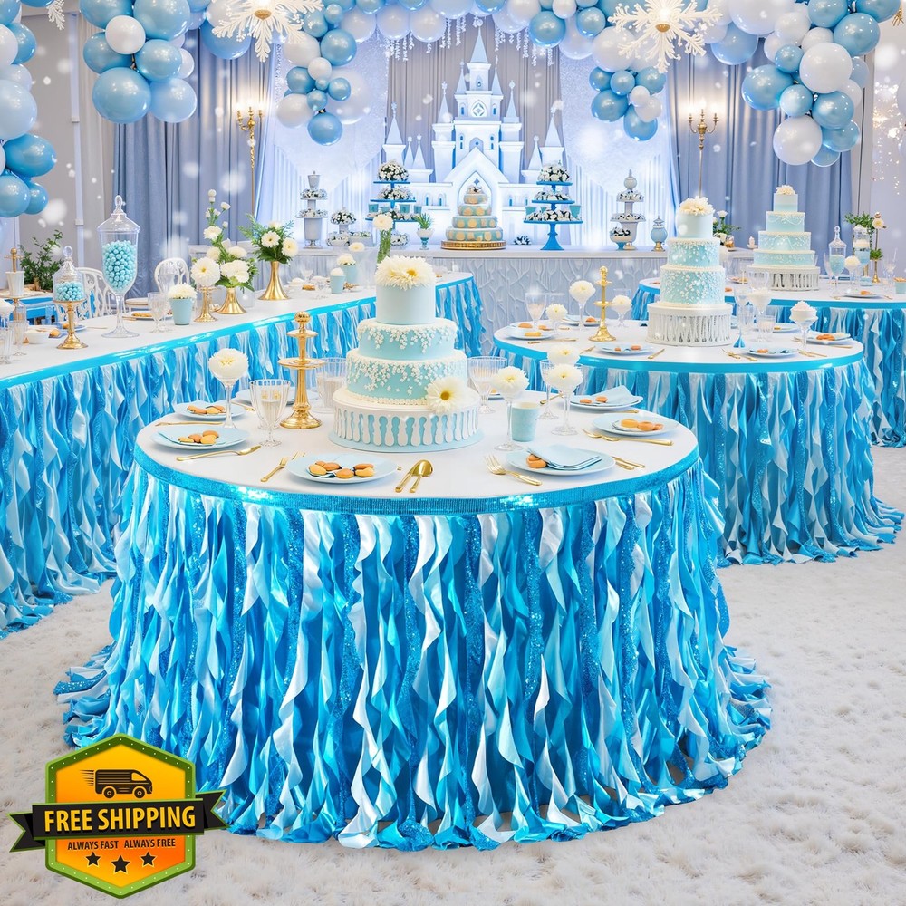 6Ft Gradient Blue Sequin Table Skirt for Rectangle Tables