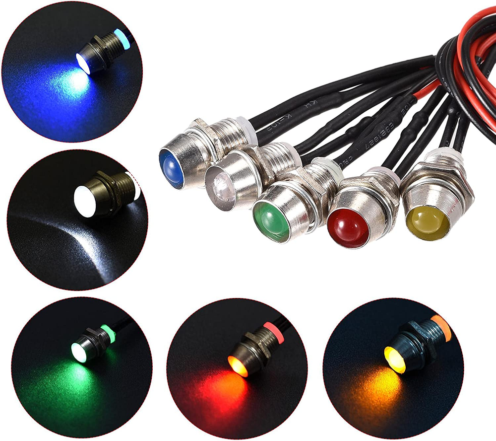 LED Indicator Light AC/DC 24V 8Mm Panel Mount Metal Shell Red Yellow Blue Green
