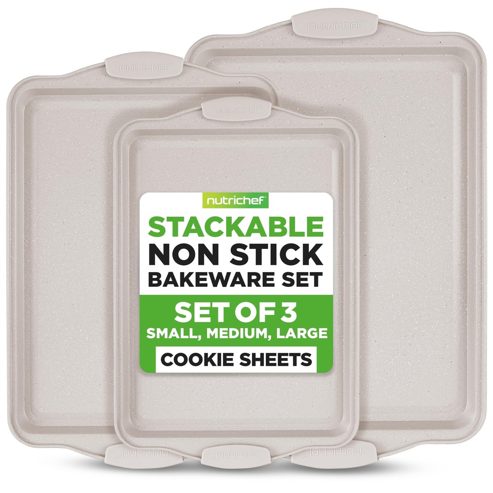 NutriChef 3 Piece Nonstick Cookie Sheets for Baking - (Cream Marble)