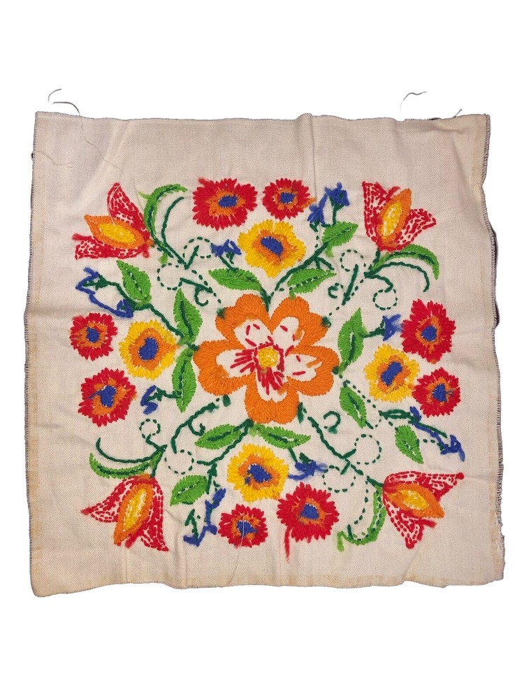 Vintage Primitive Bright Flowers Completed Cross Stitch Needlework Embroidered