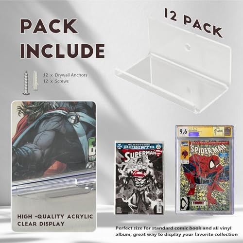 12pcs Clear Floating Comic Book Display Shelves - Wall Mount Showcase Holder