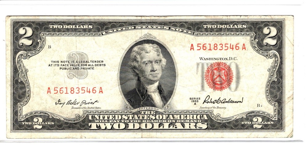 1953A Two Dollar Bill Red Seal Note Serial Number A56183546A