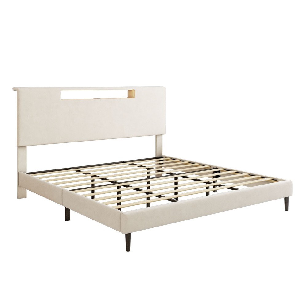 Upholstered Platform Bed Large Size Frame With LED Light And Charging Function