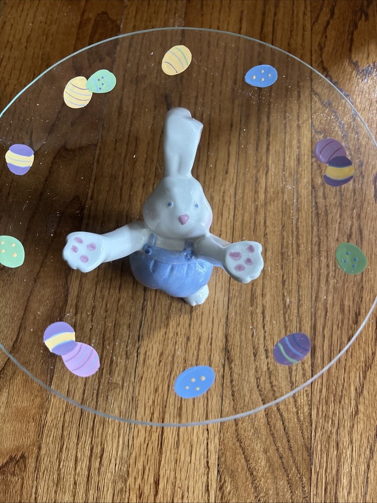 NOS NIB Sonoma 2 Pc. Spring Easter Glass Decorative Plate & Ceramic Bunny Rabbit