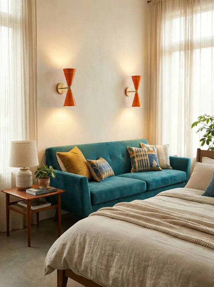 Handmade Mid-Century Modern Double Cone Wall Sconce, Orange & Brass