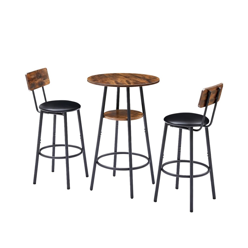 3 Piece Bar Table Set Round Counter Height Table w/ 2 PU Upholstered Bar Stools