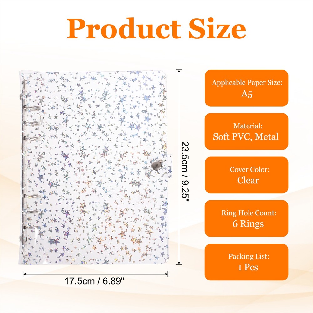 A5 Binder Cover, Stars Refillable Notebook Shell with Snap Button, Clear