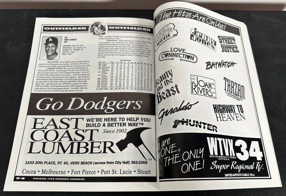 1992 Los Angeles Dodgers Spring Training Program Darryl Strawberry Pedro Martine