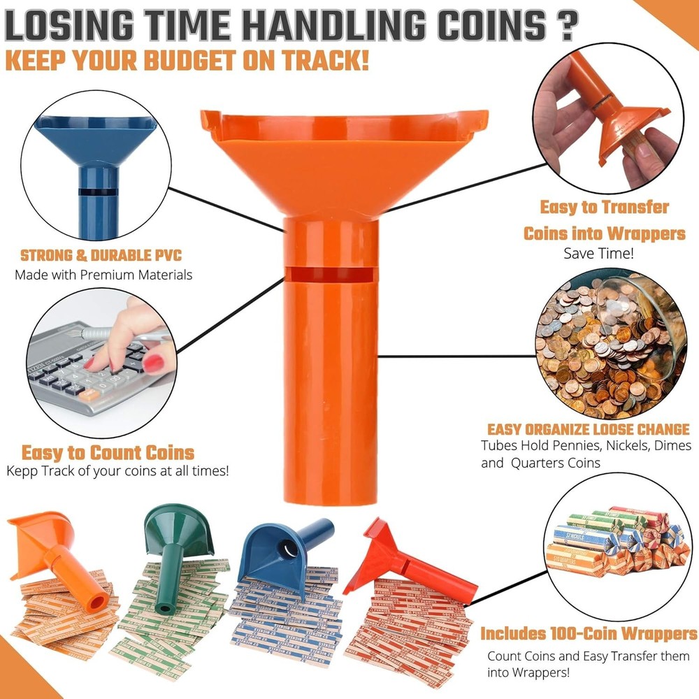 Effortless Coin Organization Set: 4 Color-Coded Storage Tubes & 100 Wrappers
