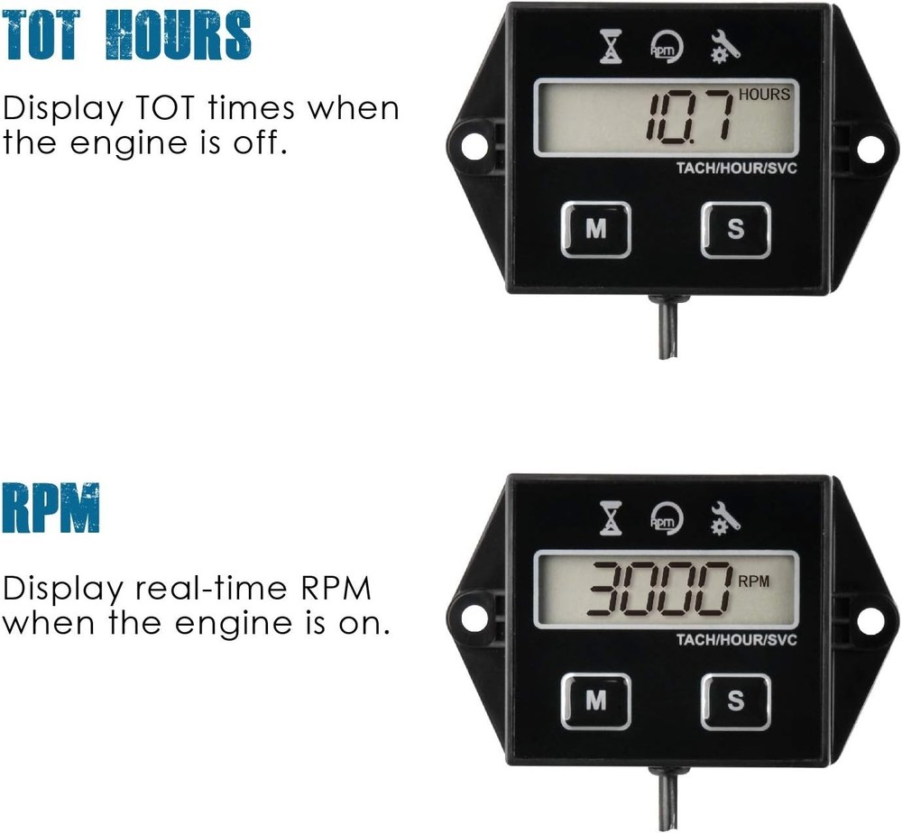 Small Engine Hour Meter - RPM Display, Maintenance Reminder