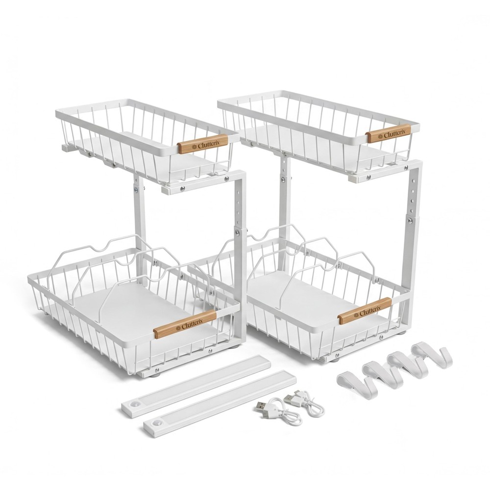 Clutterix Under Sink Organizer, 2 Pack, 2 Tier Sliding Standard Size, White