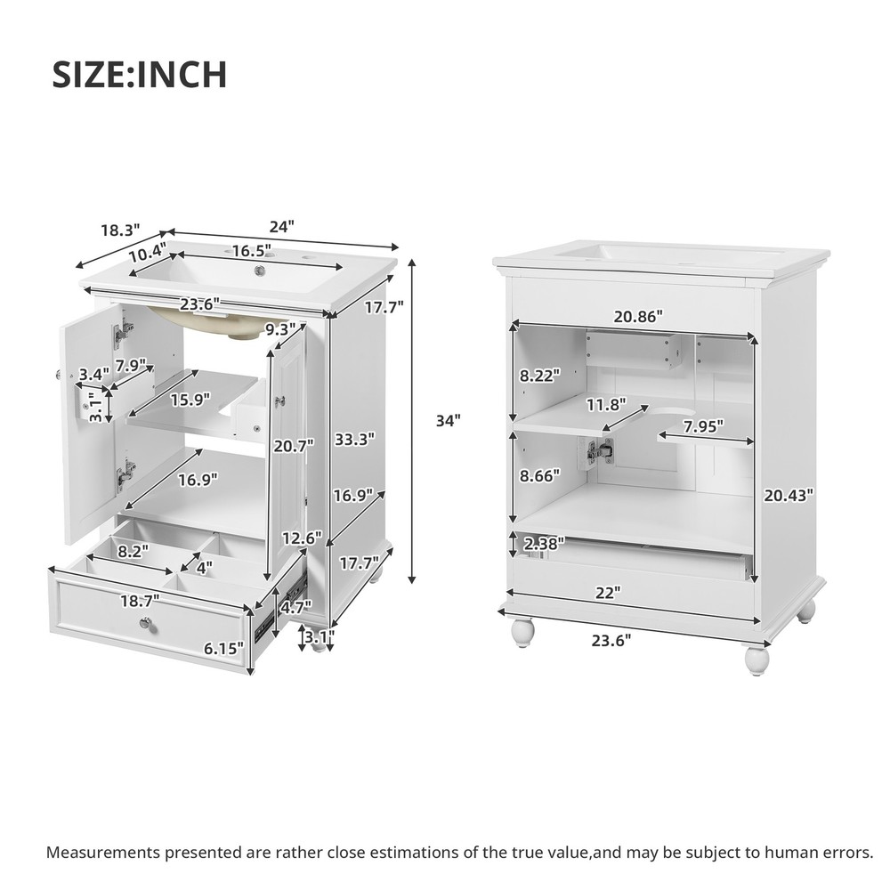 FUNIDEE 24" Bathroom Vanity Storage Cabinet with Ceramic Sink & Drawer Divider