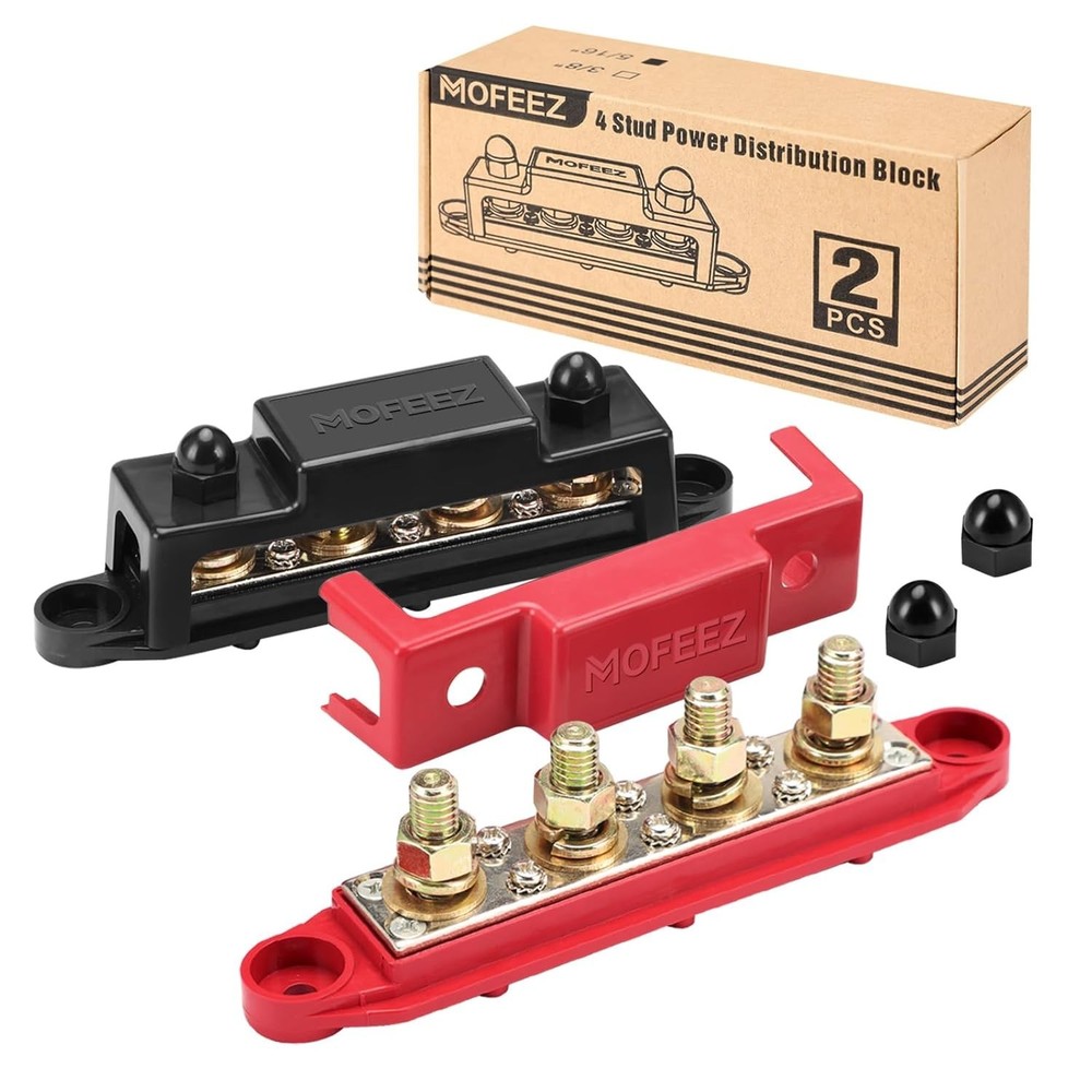 Power Distribution Block Bus Bar - 4 x 3/8" Posts, 250A Max, Safe & Durable