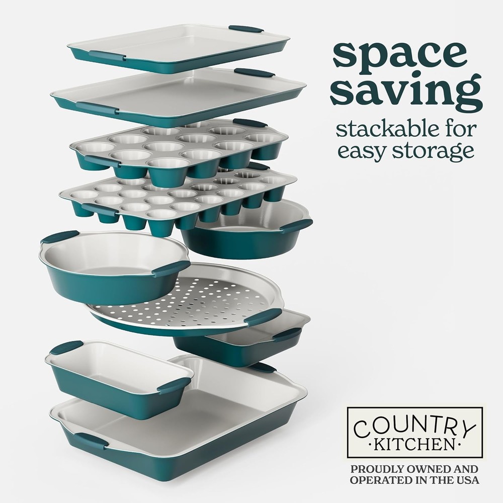 Country Kitchen Nonstick Stackable Bakeware Set - Heavy Duty, 10 Pcs, Sage