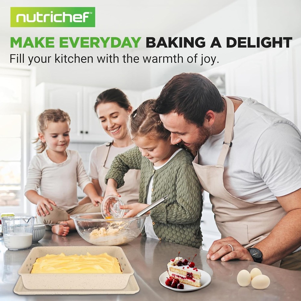 NutriChef 8PC Stackable Carbon Steel Nonstick Bakeware Set Marble Cream