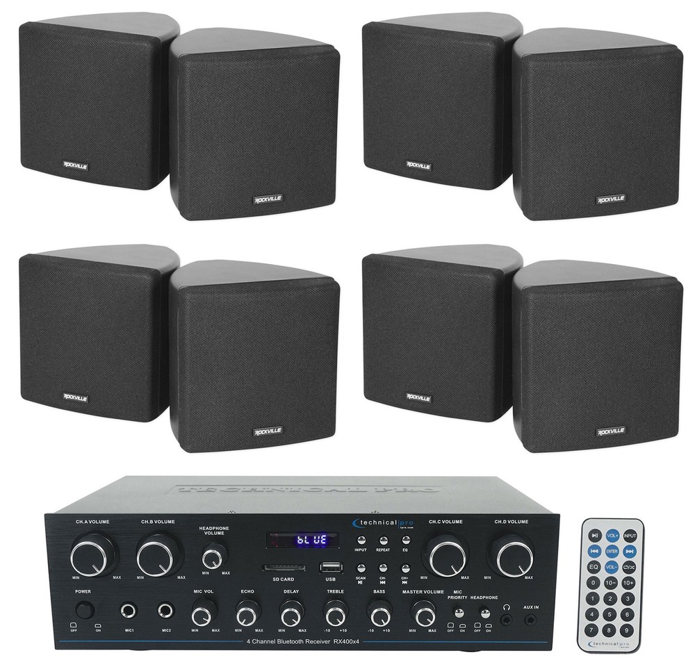 Technical Pro RX400X4 Bluetooth Home Receiver+(8) 3.5" Cube Black Wall Speakers