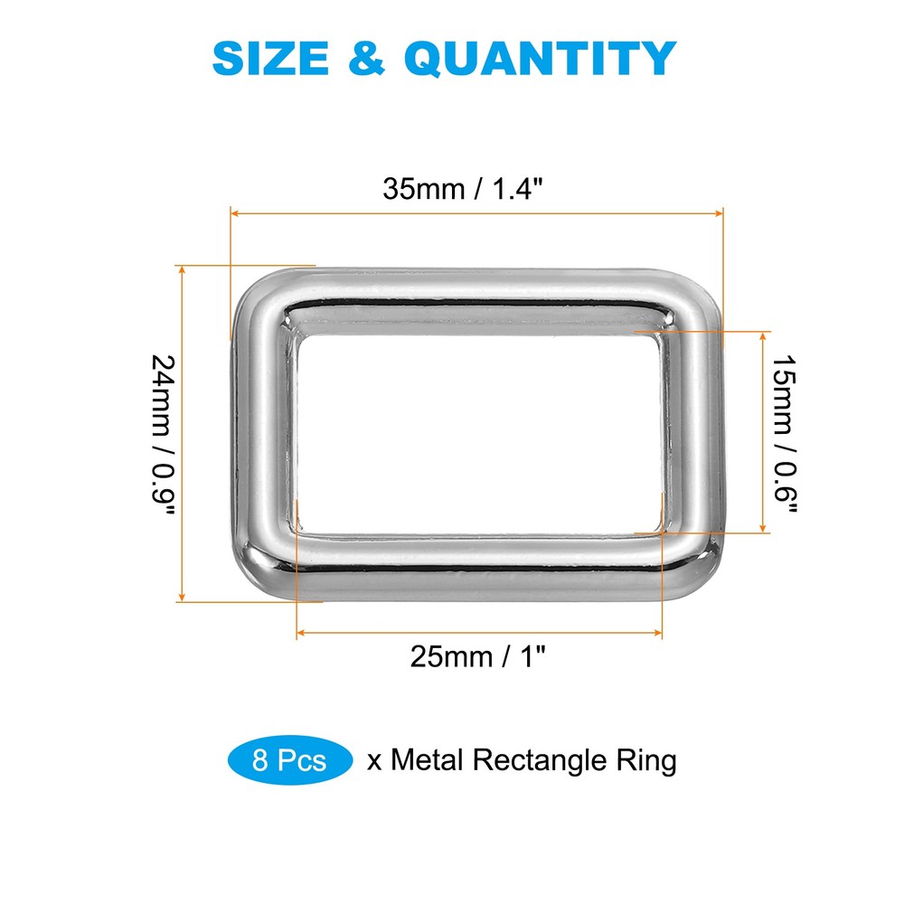 8Pcs 1" 25mm Flat Metal Rectangle Rings Buckle Square Loop Silver