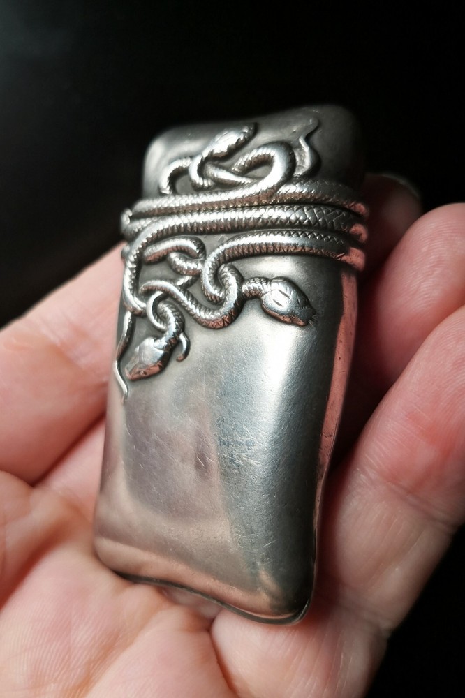Superior Antique Coiled Snake Silver Match Safe / Vesta Case