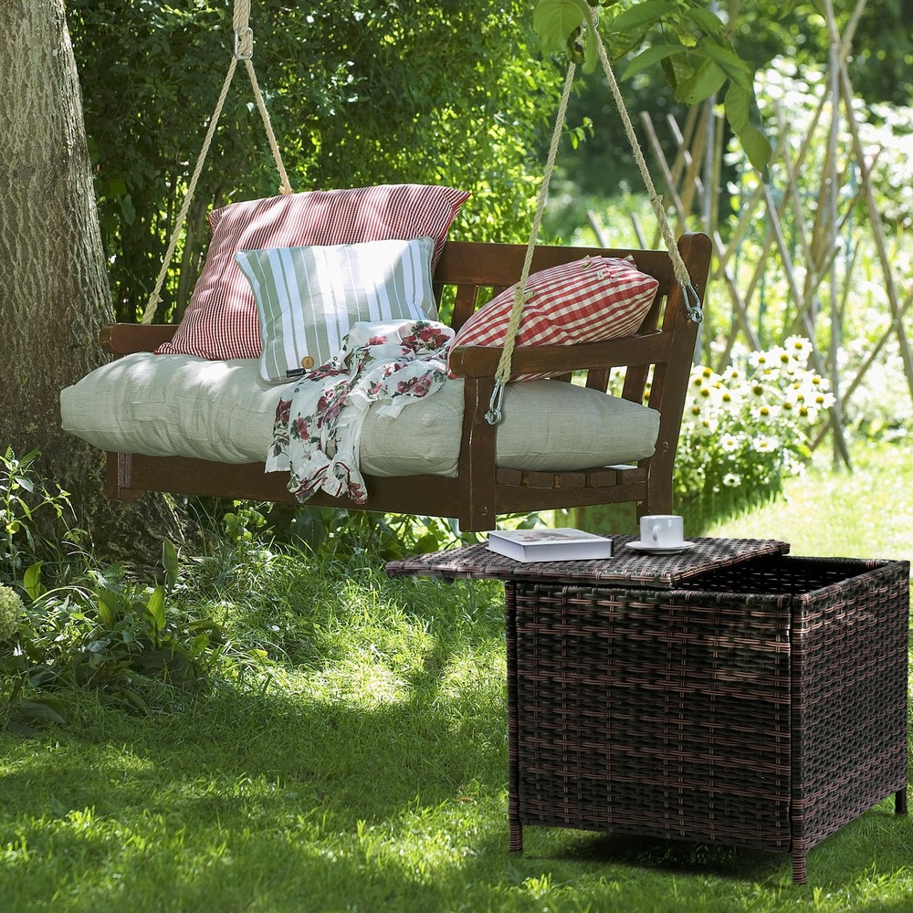 PE Wicker Side Table with Storage,Patio Rattan End Table Square Container