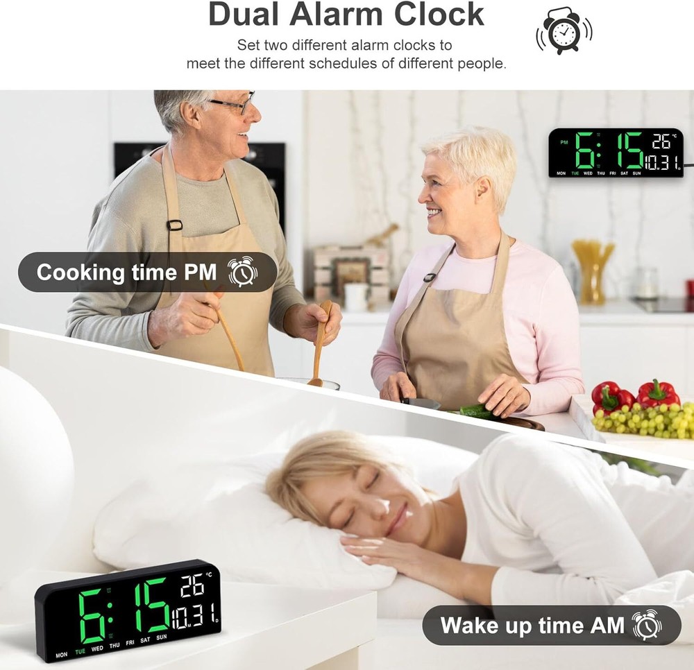 10" Digital Wall Clock Large Display with Auto-Dimming Date/Week/Temperature
