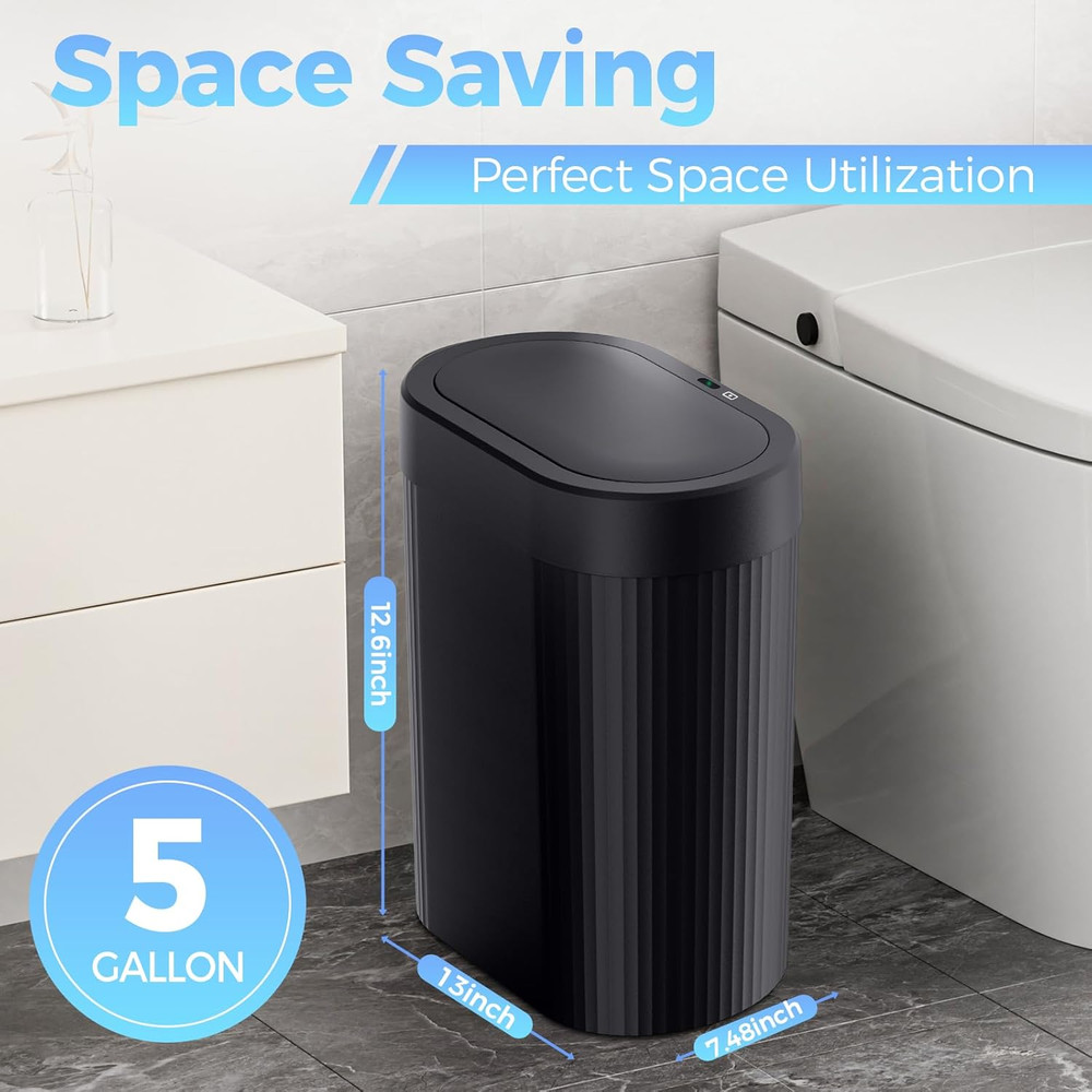 5 Gallon Bathroom Trash Can with Lid, Automatic Motion Sensor Black Trash Can, T