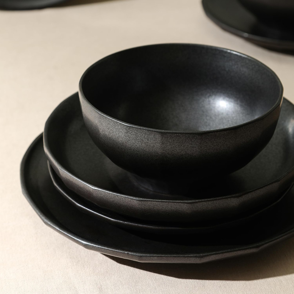 Rio 12-Piece Black Stoneware Dinnerware Set for Elegant Dining
