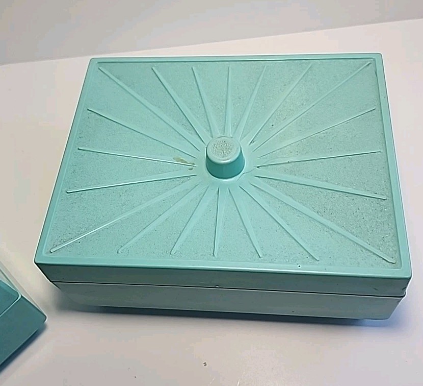 2 MCM Teal Blue Vanity Storage Box Melamine Starburst Lidded Container VTG -ff