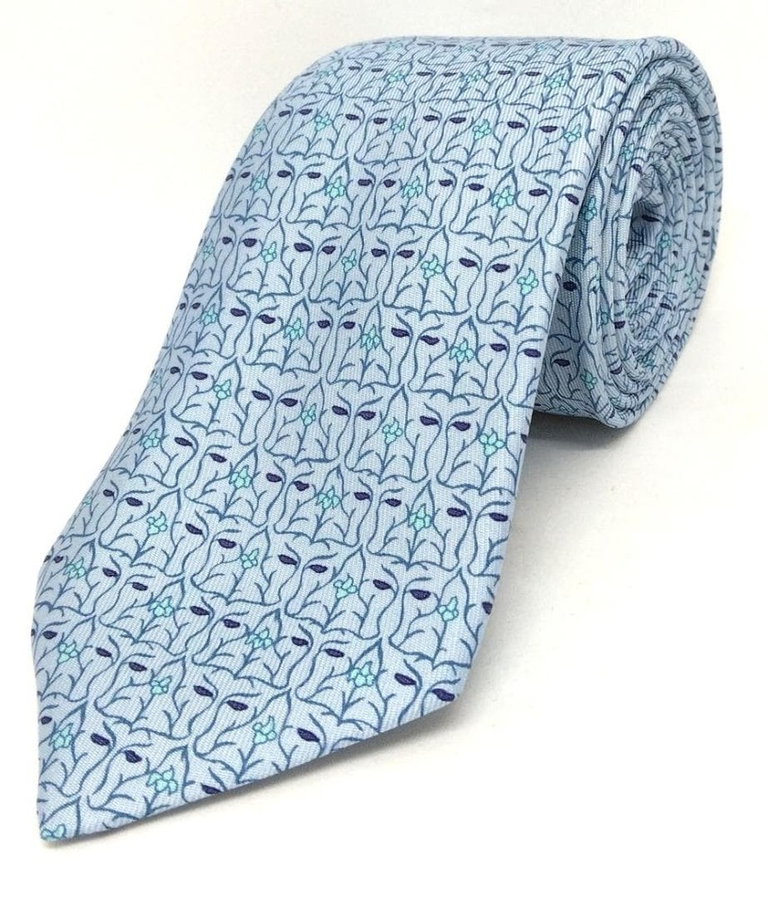 Hermes Tie Botanical Light Blue With Box