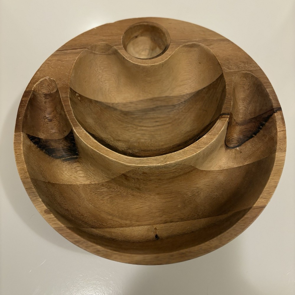 Nambe Eclipse Nut Cracker Bowl Wood (No Nutcracker) 3 Section